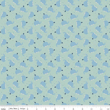 Image of Flannel Love You to the Moon Whales Powder flannel cotton fabric by Echo Park Paper Co for Riley Blake Designs. Features whales on a blue background. Cute Little Fabric Shop.