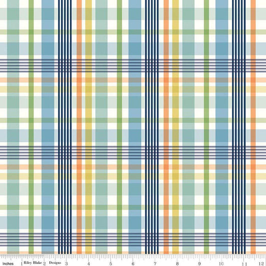 Image of Flannel Love You to the Moon Plaid Blue flannel cotton fabric by Echo Park Paper Co for Riley Blake Designs. Features plaid on a blue background. Cute Little Fabric Shop.