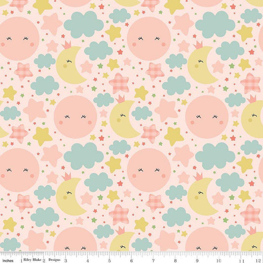 Image of Flannel Love You to the Moon Nighttime Blush flannel cotton fabric by Echo Park Paper Co for Riley Blake Designs. Features stars and clouds on a pink background. Cute Little Fabric Shop.