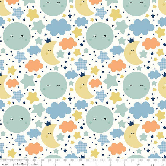 Image of Flannel Love You to the Moon Nighttime Multi flannel cotton fabric by Echo Park Paper Co for Riley Blake Designs. Features stars and clouds on a white background. Cute Little Fabric Shop.