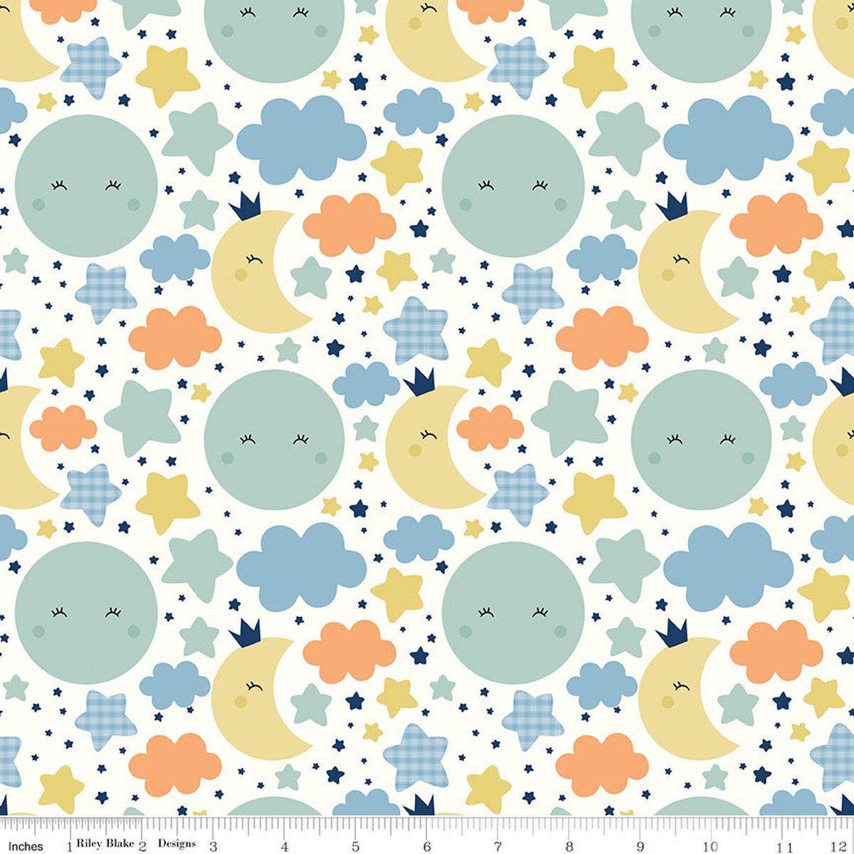 Image of Flannel Love You to the Moon Nighttime Multi flannel cotton fabric by Echo Park Paper Co for Riley Blake Designs. Features stars and clouds on a white background. Cute Little Fabric Shop.