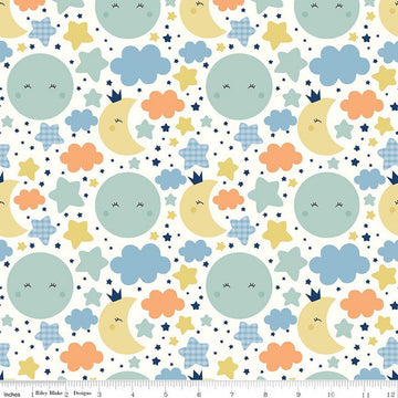 Image of Flannel Love You to the Moon Nighttime Multi flannel cotton fabric by Echo Park Paper Co for Riley Blake Designs. Features stars and clouds on a white background. Cute Little Fabric Shop.