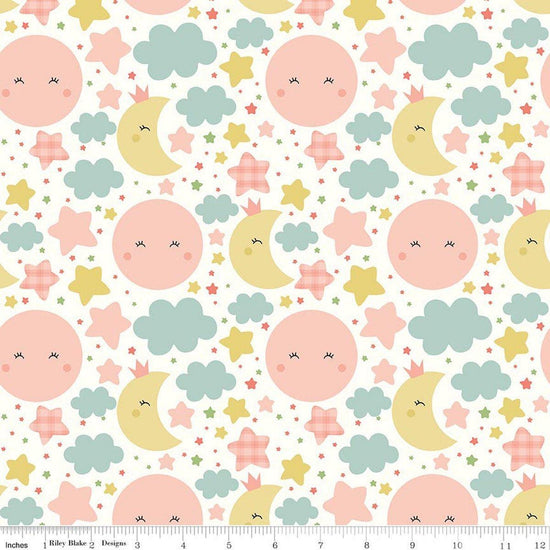 Image of Flannel Love You to the Moon Nighttime White flannel cotton fabric by Echo Park Paper Co for Riley Blake Designs. Features stars and clouds on a white background. Cute Little Fabric Shop.