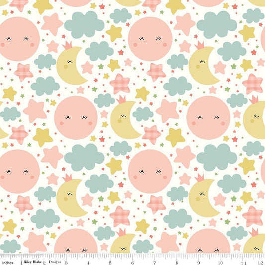 Image of Flannel Love You to the Moon Nighttime White flannel cotton fabric by Echo Park Paper Co for Riley Blake Designs. Features stars and clouds on a white background. Cute Little Fabric Shop.