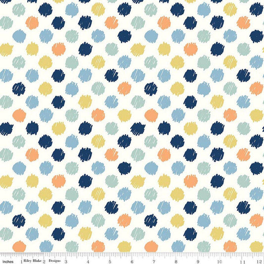 Image of Flannel Love You to the Moon Dots Multi flannel cotton fabric by Echo Park Paper Co for Riley Blake Designs. Features polka dots on a white background. Cute Little Fabric Shop.