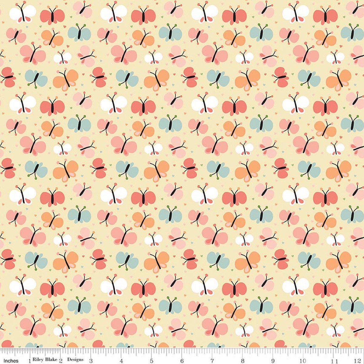 Image of Flannel Love You to the Moon Butterflies Sunshine flannel cotton fabric by Echo Park Paper Co for Riley Blake Designs. Features butterflies on a yellow background. Cute Little Fabric Shop.