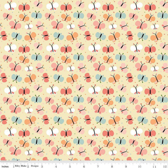 Image of Flannel Love You to the Moon Butterflies Sunshine flannel cotton fabric by Echo Park Paper Co for Riley Blake Designs. Features butterflies on a yellow background. Cute Little Fabric Shop.