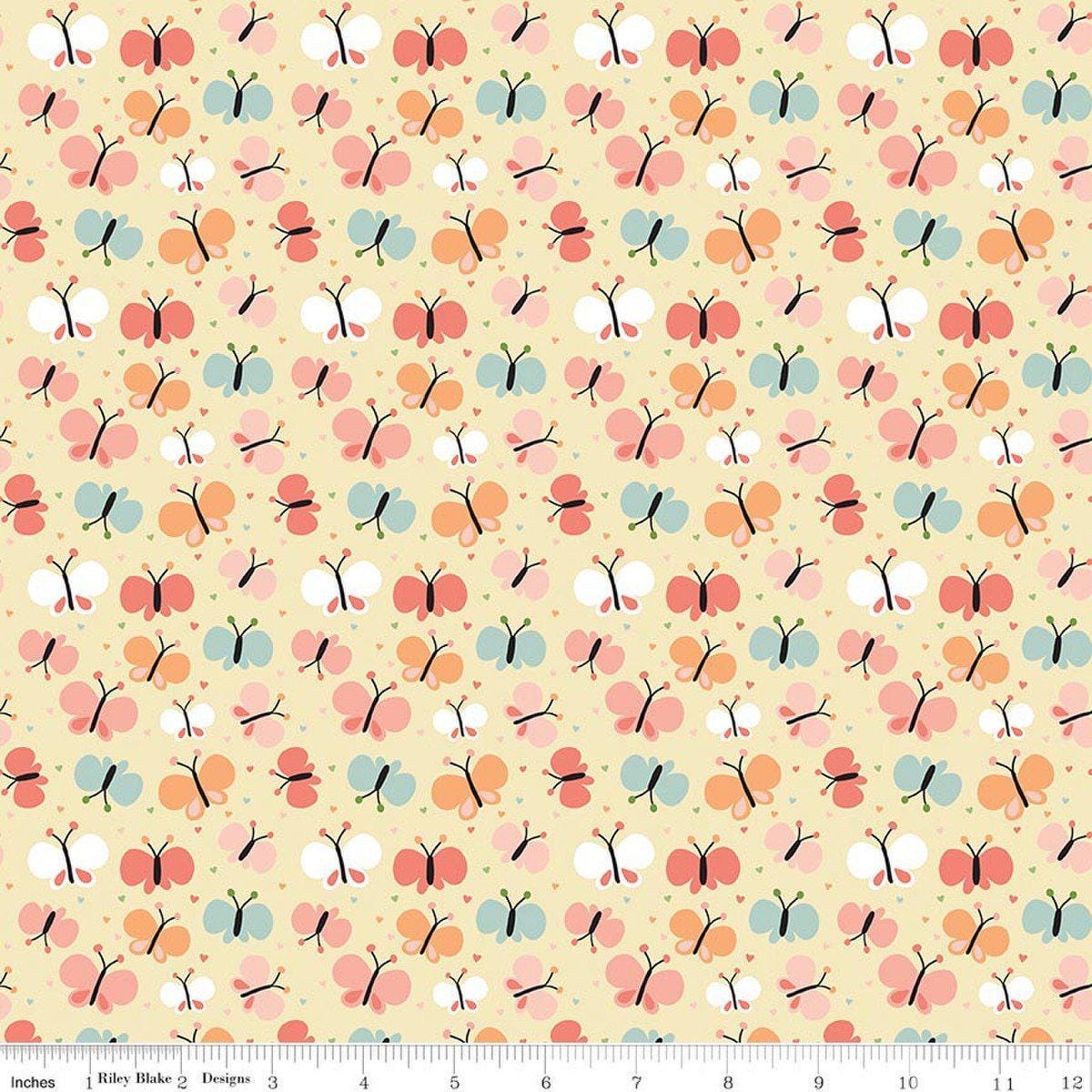 Image of Flannel Love You to the Moon Butterflies Sunshine flannel cotton fabric by Echo Park Paper Co for Riley Blake Designs. Features butterflies on a yellow background. Cute Little Fabric Shop.
