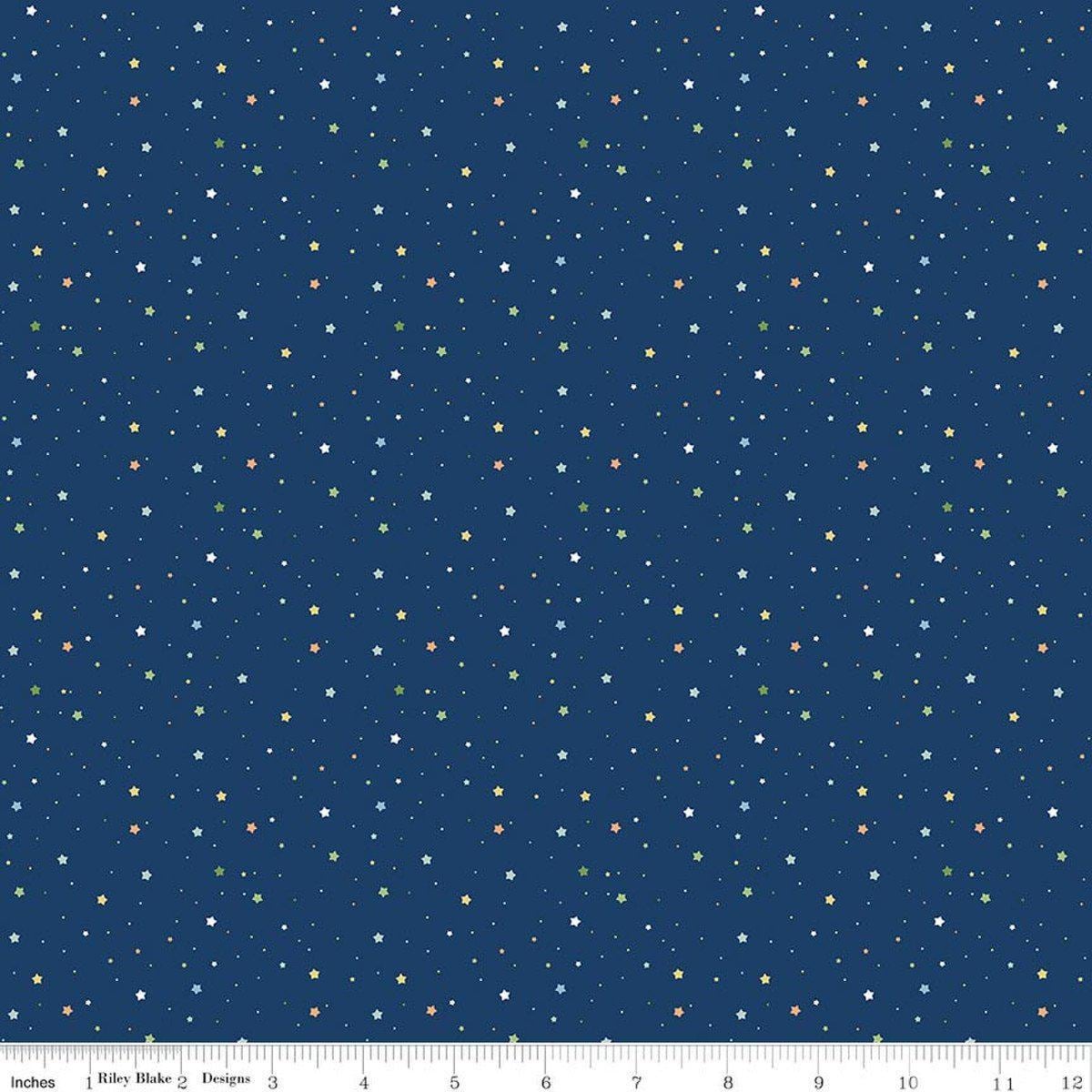 Image of Flannel Love You to the Moon Stars Navy flannel cotton fabric by Echo Park Paper Co for Riley Blake Designs. Features stars on a blue background. Cute Little Fabric Shop.