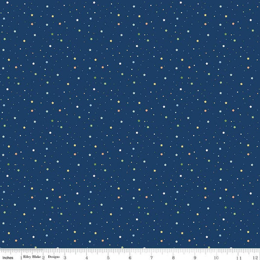 Image of Flannel Love You to the Moon Stars Navy flannel cotton fabric by Echo Park Paper Co for Riley Blake Designs. Features stars on a blue background. Cute Little Fabric Shop.