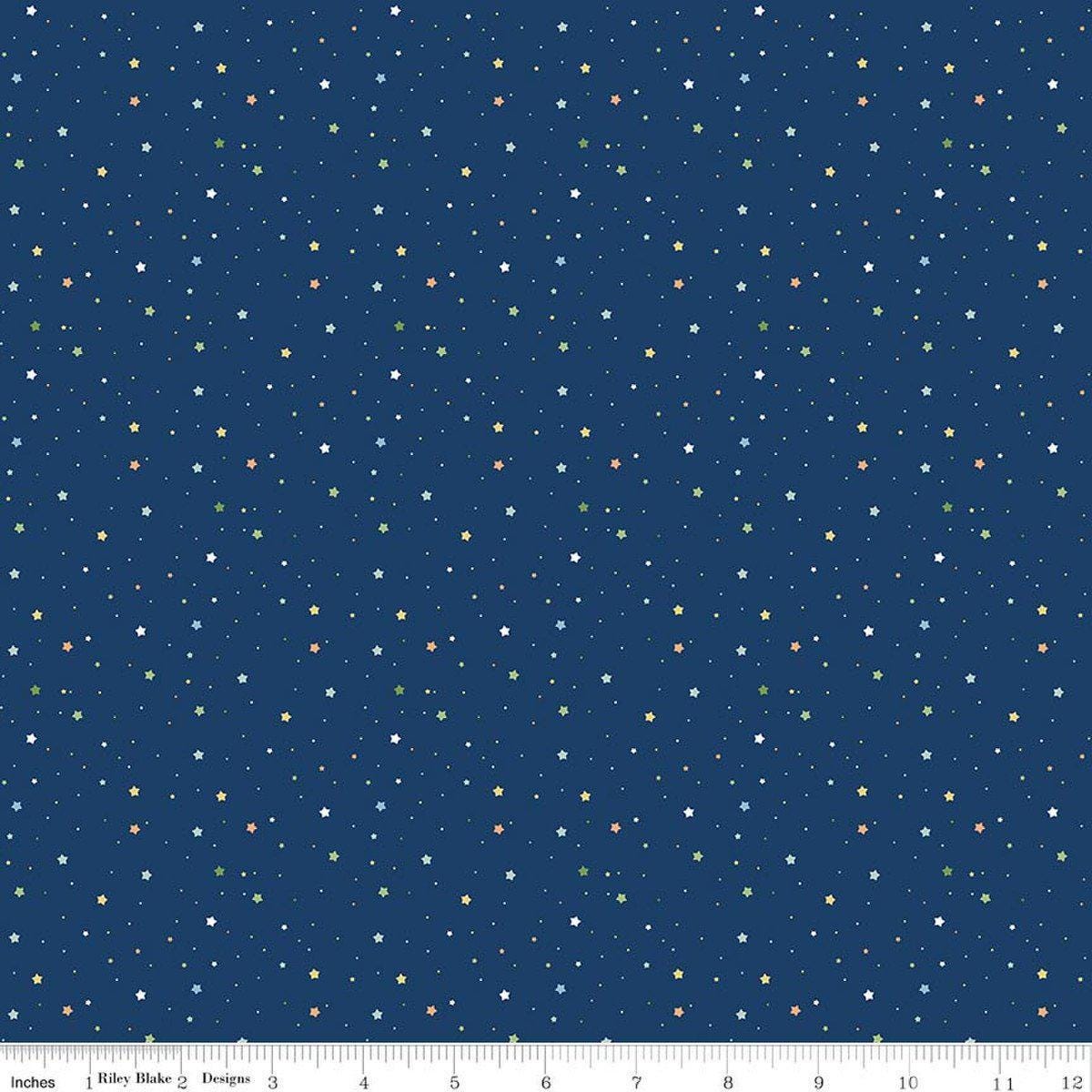 Image of Flannel Love You to the Moon Stars Navy flannel cotton fabric by Echo Park Paper Co for Riley Blake Designs. Features stars on a blue background. Cute Little Fabric Shop.