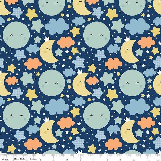 Image of Flannel Love You to the Moon Nighttime Navy flannel cotton fabric by Echo Park Paper Co for Riley Blake Designs. Features stars and clouds on a blue background. Cute Little Fabric Shop.