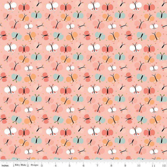 Image of Flannel Love You to the Moon Butterflies Coral flannel cotton fabric by Echo Park Paper Co for Riley Blake Designs. Features butterflies on a pink background. Cute Little Fabric Shop.
