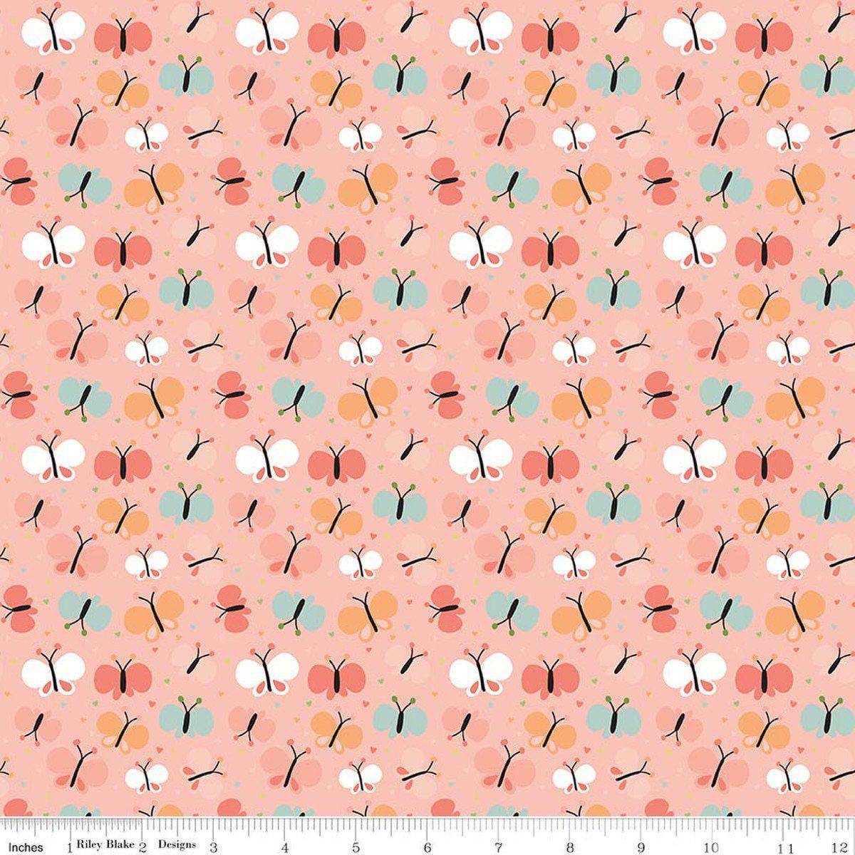 Image of Flannel Love You to the Moon Butterflies Coral flannel cotton fabric by Echo Park Paper Co for Riley Blake Designs. Features butterflies on a pink background. Cute Little Fabric Shop.