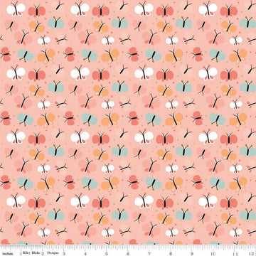 Image of Flannel Love You to the Moon Butterflies Coral flannel cotton fabric by Echo Park Paper Co for Riley Blake Designs. Features butterflies on a pink background. Cute Little Fabric Shop.