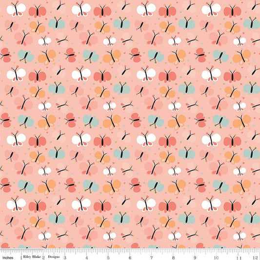Image of Flannel Love You to the Moon Butterflies Coral flannel cotton fabric by Echo Park Paper Co for Riley Blake Designs. Features butterflies on a pink background. Cute Little Fabric Shop.