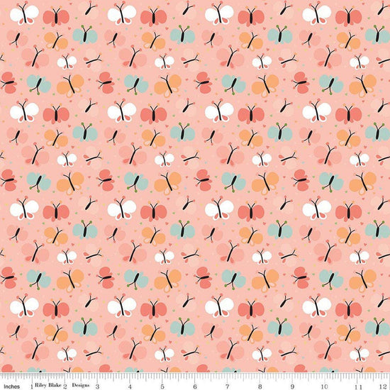 Image of Flannel Love You to the Moon Butterflies Coral flannel cotton fabric by Echo Park Paper Co for Riley Blake Designs. Features butterflies on a pink background. Cute Little Fabric Shop.
