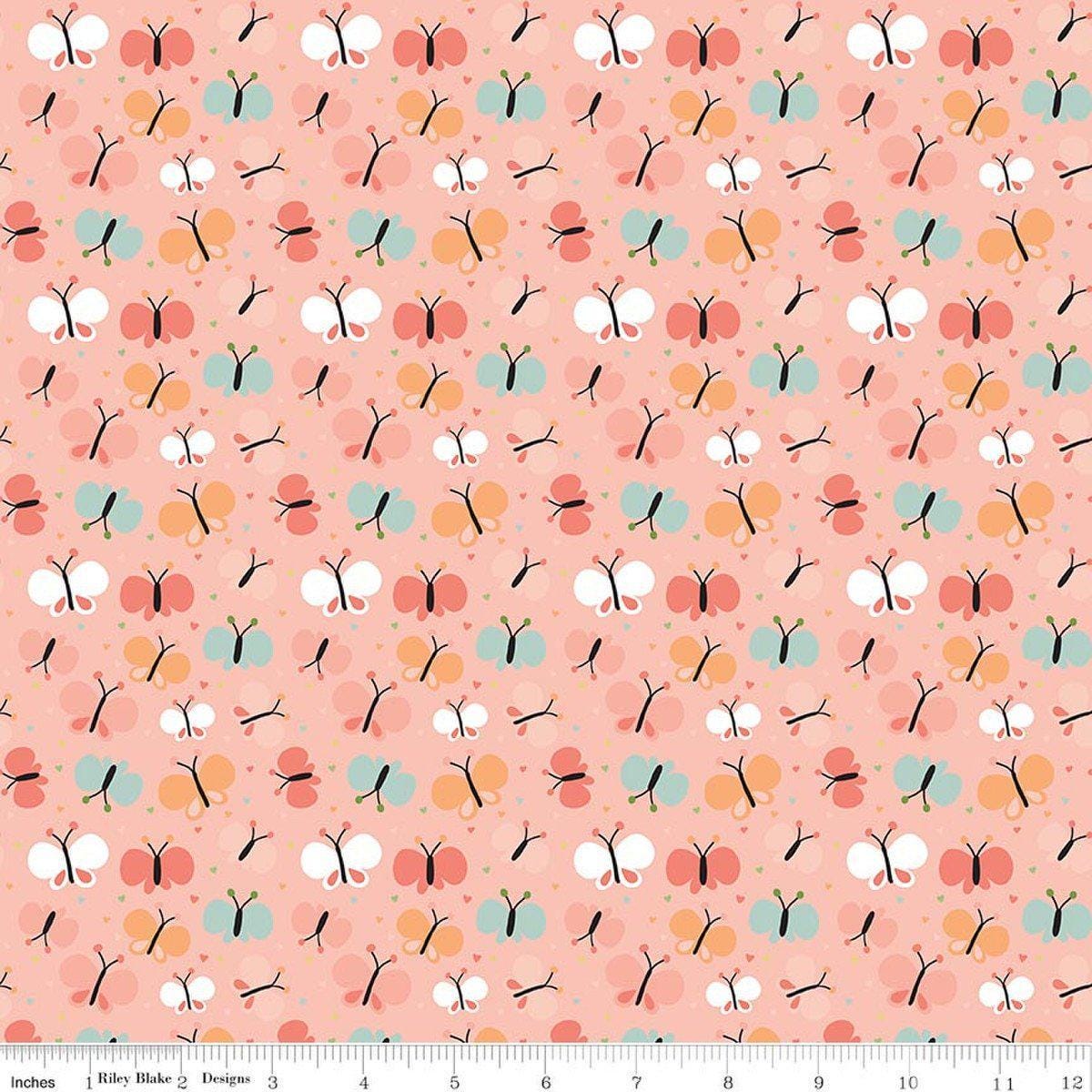 Image of Flannel Love You to the Moon Butterflies Coral flannel cotton fabric by Echo Park Paper Co for Riley Blake Designs. Features butterflies on a pink background. Cute Little Fabric Shop.