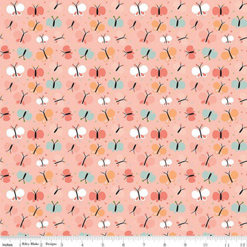 Image of Flannel Love You to the Moon Butterflies Coral flannel cotton fabric by Echo Park Paper Co for Riley Blake Designs. Features butterflies on a pink background. Cute Little Fabric Shop.