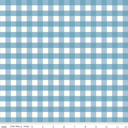 Image of Flannel Love You to the Moon Gingham Blue flannel cotton fabric by Echo Park Paper Co for Riley Blake Designs. Features gingham on a blue background. Cute Little Fabric Shop.
