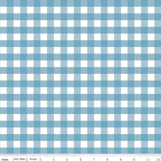 Image of Flannel Love You to the Moon Gingham Blue flannel cotton fabric by Echo Park Paper Co for Riley Blake Designs. Features gingham on a blue background. Cute Little Fabric Shop.