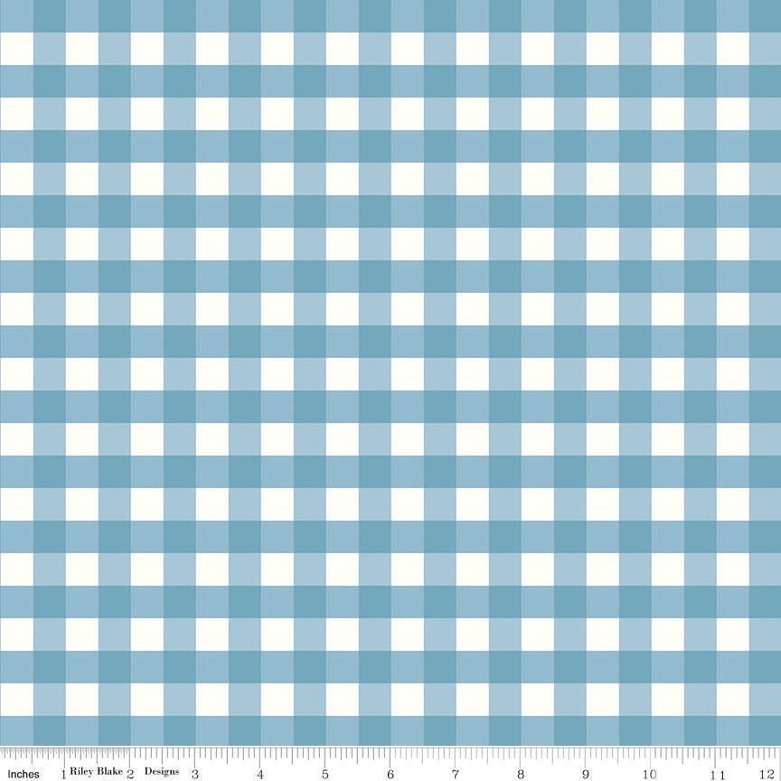 Image of Flannel Love You to the Moon Gingham Blue flannel cotton fabric by Echo Park Paper Co for Riley Blake Designs. Features gingham on a blue background. Cute Little Fabric Shop.