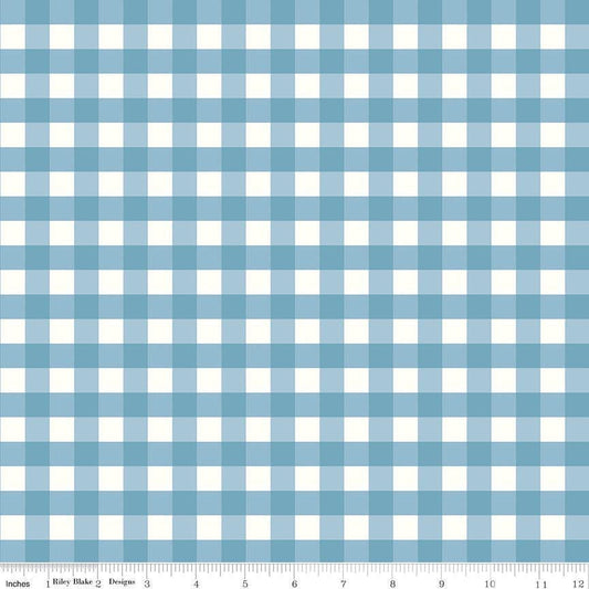 Image of Flannel Love You to the Moon Gingham Blue flannel cotton fabric by Echo Park Paper Co for Riley Blake Designs. Features gingham on a blue background. Cute Little Fabric Shop.