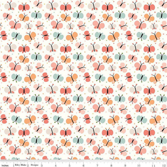 Image of Flannel Love You to the Moon Butterflies White flannel cotton fabric by Echo Park Paper Co for Riley Blake Designs. Features butterflies on a white background. Cute Little Fabric Shop.