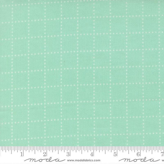 Image of Bloomsberry Stroll Aqua quilting cotton fabric by Camille Roskelley for Moda Fabrics. Features squares on a blue background. Cute Little Fabric Shop.