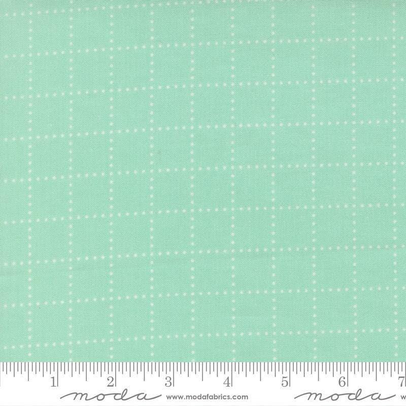 Image of Bloomsberry Stroll Aqua quilting cotton fabric by Camille Roskelley for Moda Fabrics. Features squares on a blue background. Cute Little Fabric Shop.