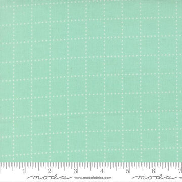 Image of Bloomsberry Stroll Aqua quilting cotton fabric by Camille Roskelley for Moda Fabrics. Features squares on a blue background. Cute Little Fabric Shop.