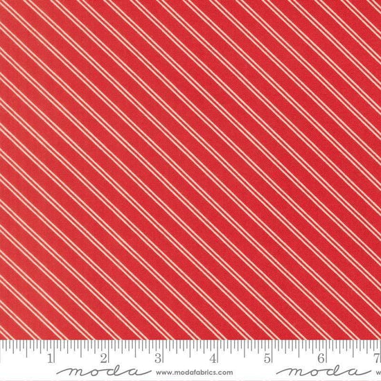 Image of Bloomsberry Stripe Red quilting cotton fabric by Camille Roskelley for Moda Fabrics. Features stripes on a red background. Cute Little Fabric Shop.