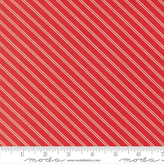 Image of Bloomsberry Stripe Red quilting cotton fabric by Camille Roskelley for Moda Fabrics. Features stripes on a red background. Cute Little Fabric Shop.