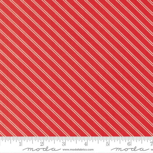 Image of Bloomsberry Stripe Red quilting cotton fabric by Camille Roskelley for Moda Fabrics. Features stripes on a red background. Cute Little Fabric Shop.
