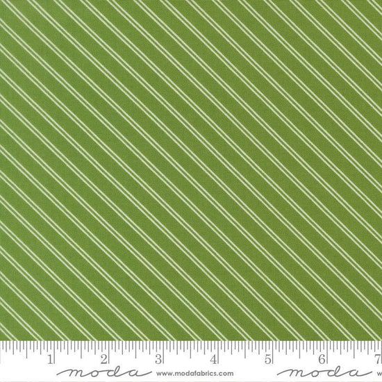 Image of Bloomsberry Stripe Green quilting cotton fabric by Camille Roskelley for Moda Fabrics. Features stripes on a green background. Cute Little Fabric Shop.