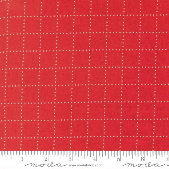 Image of Bloomsberry Stroll Red quilting cotton fabric by Camille Roskelley for Moda Fabrics. Features squares on a red background. Cute Little Fabric Shop.
