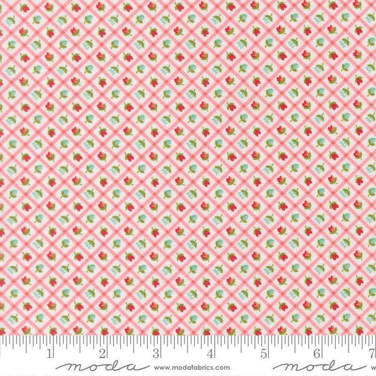 Image of Bloomsberry Check Blush quilting cotton fabric by Camille Roskelley for Moda Fabrics. Features flowers on a pink background. Cute Little Fabric Shop.