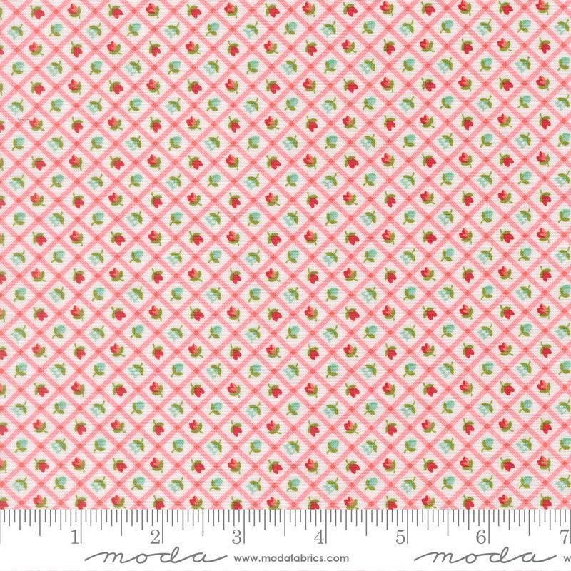 Image of Bloomsberry Check Blush quilting cotton fabric by Camille Roskelley for Moda Fabrics. Features flowers on a pink background. Cute Little Fabric Shop.