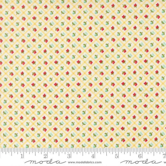 Image of Bloomsberry Check Buttermilk quilting cotton fabric by Camille Roskelley for Moda Fabrics. Features flowers on a yellow background. Cute Little Fabric Shop.