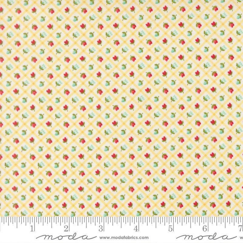 Image of Bloomsberry Check Buttermilk quilting cotton fabric by Camille Roskelley for Moda Fabrics. Features flowers on a yellow background. Cute Little Fabric Shop.