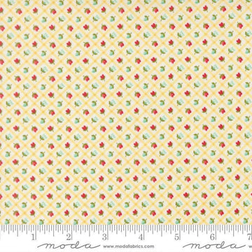 Image of Bloomsberry Check Buttermilk quilting cotton fabric by Camille Roskelley for Moda Fabrics. Features flowers on a yellow background. Cute Little Fabric Shop.