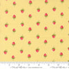 Image of Bloomsberry Berries Buttermilk quilting cotton fabric by Camille Roskelley for Moda Fabrics. Features strawberries on a yellow background. Cute Little Fabric Shop.