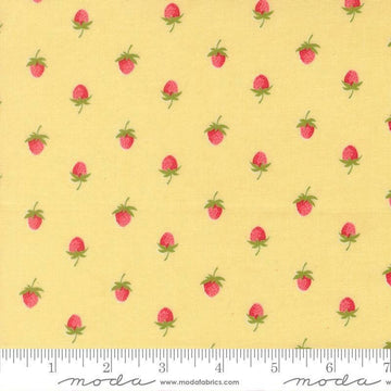 Image of Bloomsberry Berries Buttermilk quilting cotton fabric by Camille Roskelley for Moda Fabrics. Features strawberries on a yellow background. Cute Little Fabric Shop.