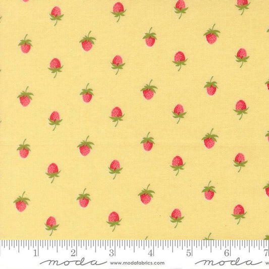 Image of Bloomsberry Berries Buttermilk quilting cotton fabric by Camille Roskelley for Moda Fabrics. Features strawberries on a yellow background. Cute Little Fabric Shop.