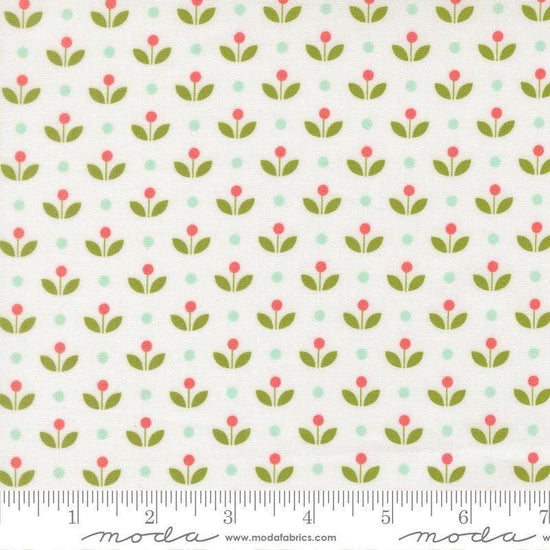 Image of Bloomsberry Mayfair White quilting cotton fabric by Camille Roskelley for Moda Fabrics. Features flowers on a white background. Cute Little Fabric Shop.