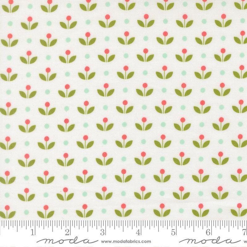 Image of Bloomsberry Mayfair White quilting cotton fabric by Camille Roskelley for Moda Fabrics. Features flowers on a white background. Cute Little Fabric Shop.