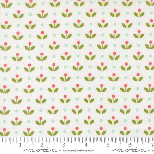 Image of Bloomsberry Mayfair White quilting cotton fabric by Camille Roskelley for Moda Fabrics. Features flowers on a white background. Cute Little Fabric Shop.