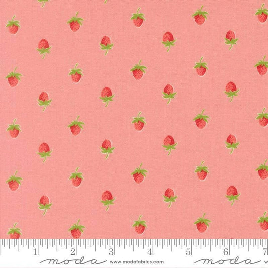 Image of Bloomsberry Berries Blush quilting cotton fabric by Camille Roskelley for Moda Fabrics. Features strawberries on a pink background. Cute Little Fabric Shop.