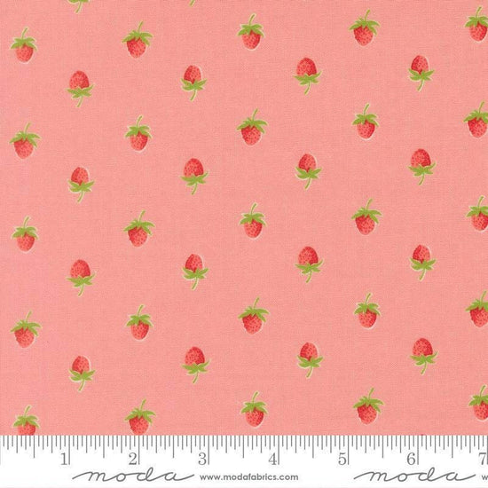 Image of Bloomsberry Berries Blush quilting cotton fabric by Camille Roskelley for Moda Fabrics. Features strawberries on a pink background. Cute Little Fabric Shop.