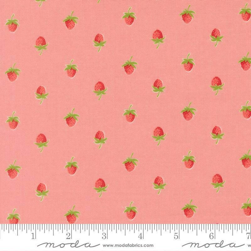 Image of Bloomsberry Berries Blush quilting cotton fabric by Camille Roskelley for Moda Fabrics. Features strawberries on a pink background. Cute Little Fabric Shop.